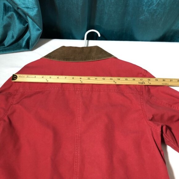 LL Bean womens red canvas chore jacket barn coat sz M corduroy collar cuffs - Picture 9 of 12